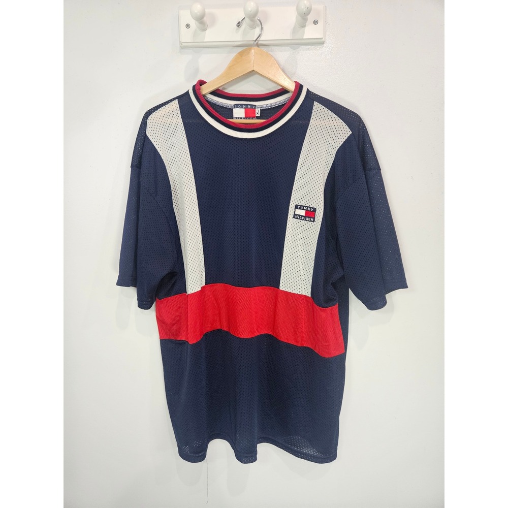 Tommy Hilfiger Vintage 90s Mesh Jersey Shirt Navy Red Colorblock Mens XL